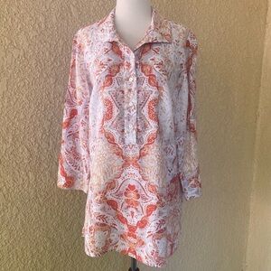 Chico’s  3/4 Sleeve Medallion Print Orange & Cream Tones Tunic Style Size 1/M‎